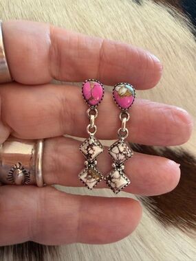 ❤️ Wild Horse Jasper & Cotton Candy Turquoise Post Back Dangle Sterling Earrings